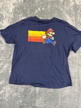 Super Mario Mens Navy Blue Graphic Tee 2XL Cotton Nintendo